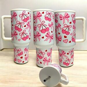 Coquette 40oz Tumbler, Preppy Pink Cherry Bows 40 oz Quencher Tumbler, Soft Girl